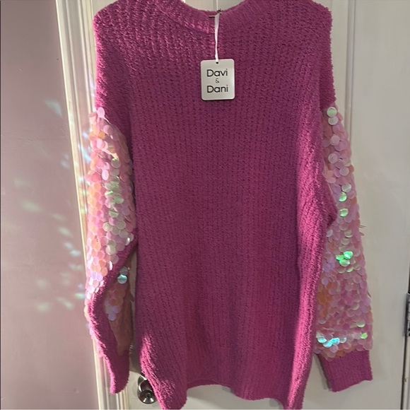 NWT DAVI & DANI Vibrant Pink Sweater Tunic with Sequin Sleeves - Picture 7 of 14